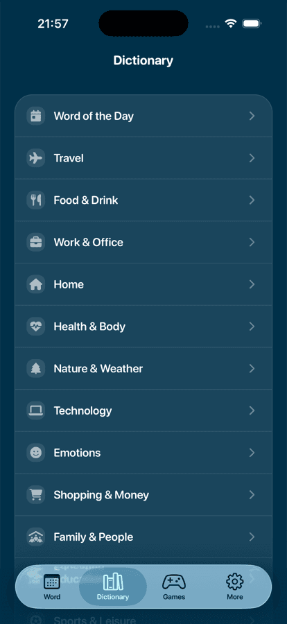 App's dictionary screen listing vocabulary categories by topic, including Travel, Food & Drink, and Work & Office