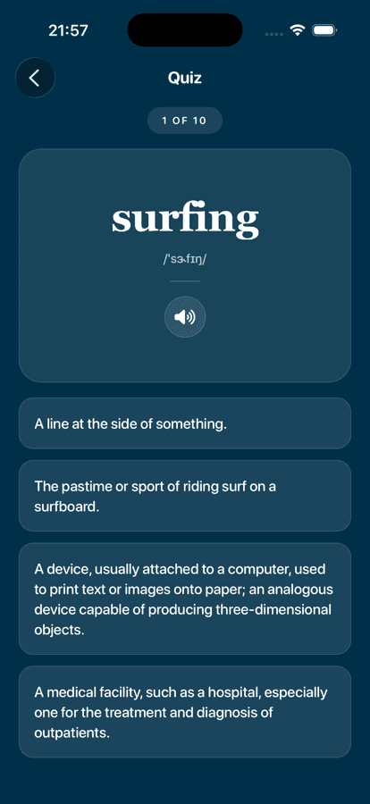 App's multiple-choice quiz screen asking for the meaning of the word surfing with four answer options